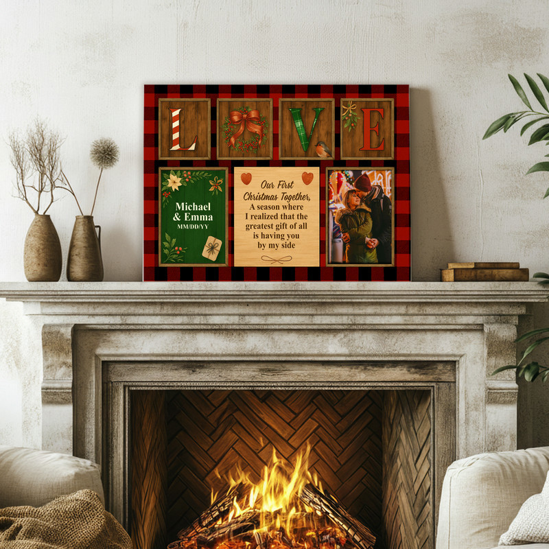 Personalized Plaid Canvas - Newlywed First Christmas Keepsake