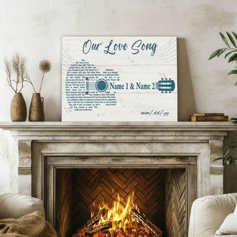 Minimalist guitar line-art canvas wall art, personalized with names and date, elegant keepsake for a couple's love story