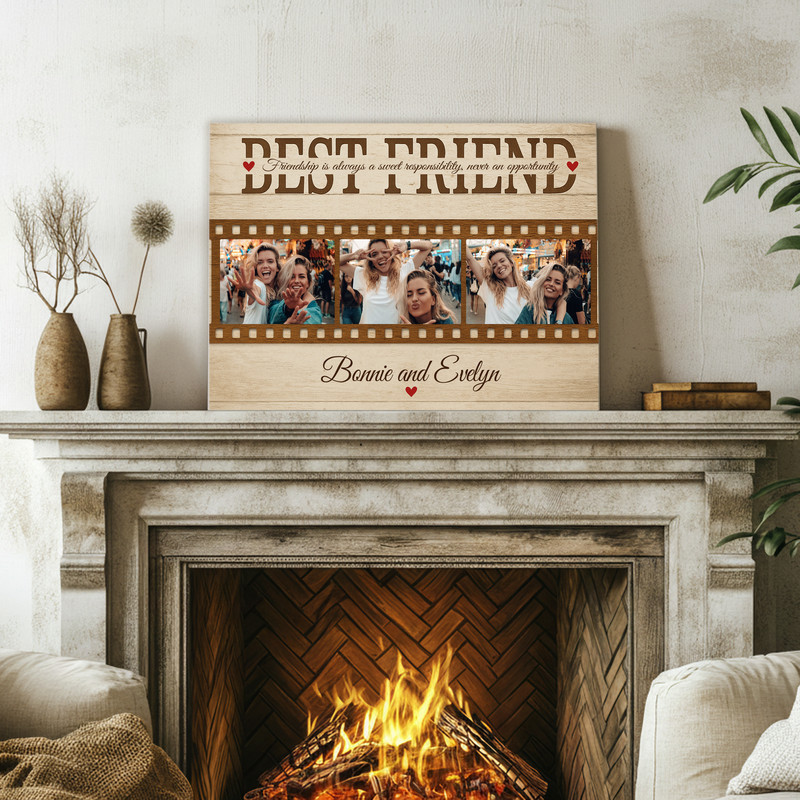 Personalized best friends photo collage canvas for living room decor, neutral farmhouse palette, custom photos, names, year