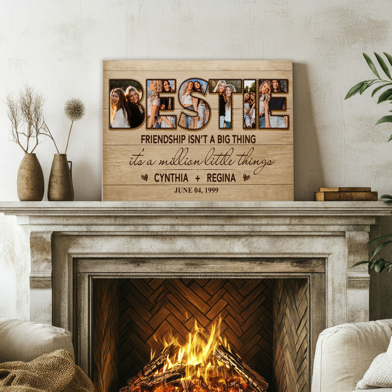 Friendship photo collage canvas print, landscape orientation with wood-grain farmhouse look, personalized with custom photos