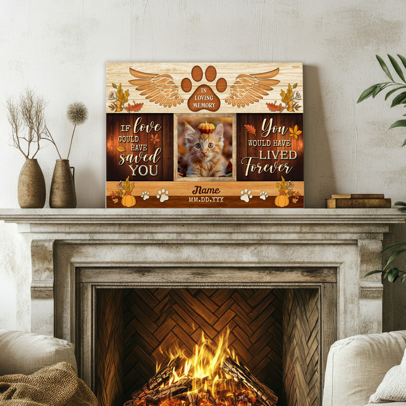 Cat memorial canvas wall art with fall foliage, custom pet photo, name, dates; Thanksgiving gift for grieving cat owner