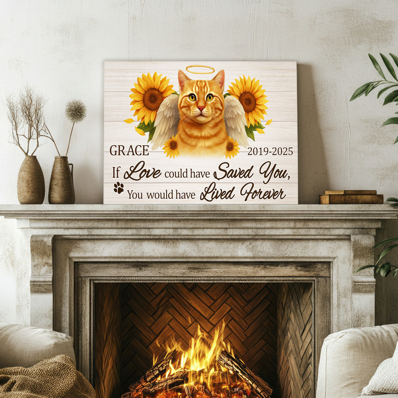 Cat memorial portrait canvas decor, farmhouse sunflower motif, custom name and date text, condolence gift for cat owners