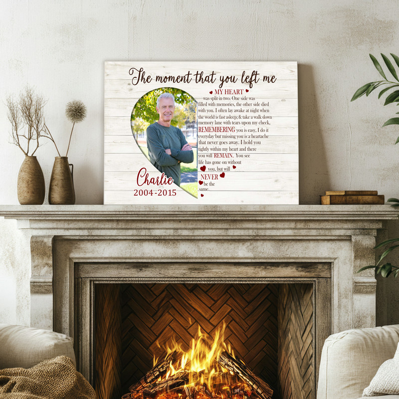 Dad memorial canvas wall art with tree silhouette and stars, custom name and dates, blue night theme, portrait.