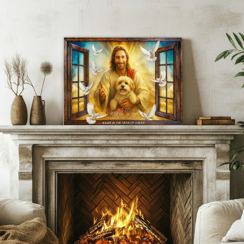 Dog memorial canvas wall art customized with name and photo, gray barnwood window frame and 'Safe in the Arms of Jesus'