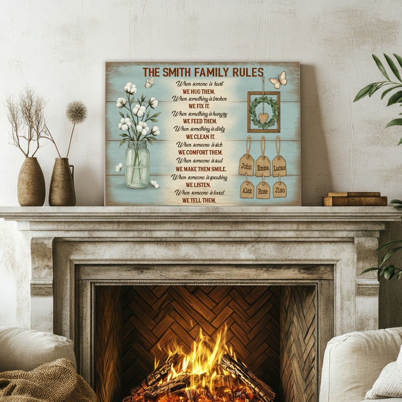 Rustic farmhouse family rules canvas wall art featuring custom names, landscape format, gray washed plank style for dining room