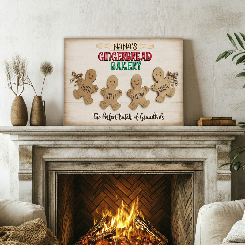 Gingerbread bakery Christmas canvas wall art on rustic wood backdrop, personalized grandkids names, grandparent gift