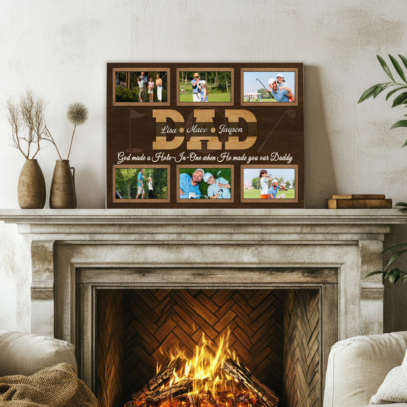 Golf Dad photo collage canvas in rustic farmhouse style, personalized with your photos, wall art for Dad’s office or man cave