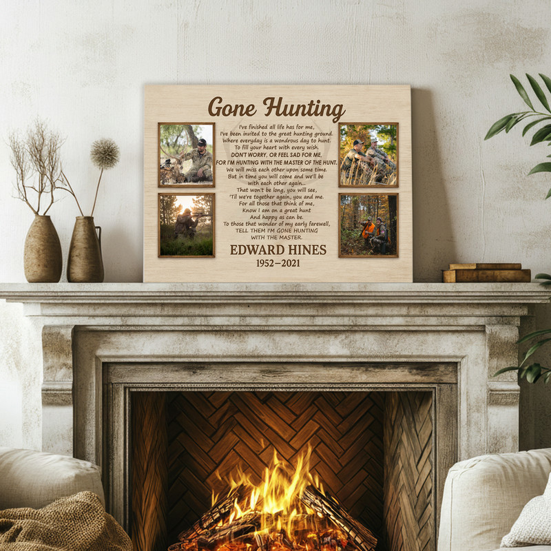 Gone Hunting memorial canvas wall art, rustic farmhouse decor for living room or cabin, personalized with name and life dates