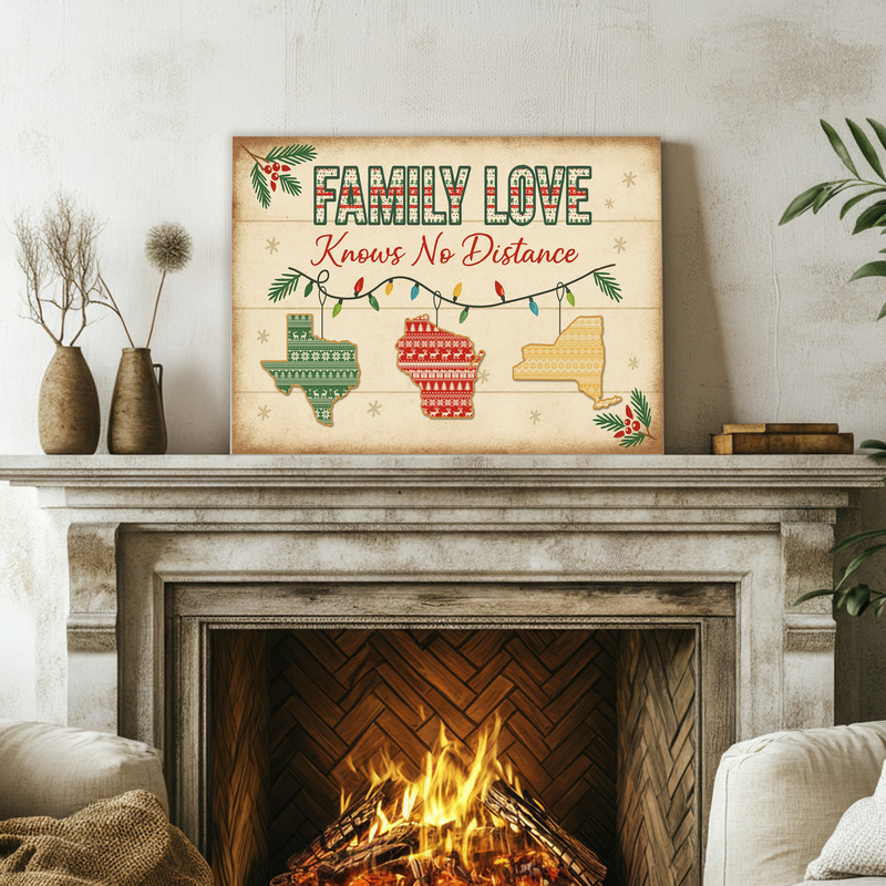 Long distance family holiday canvas wall art in farmhouse style, personalized family name and cities, heartfelt Christmas gift for parents