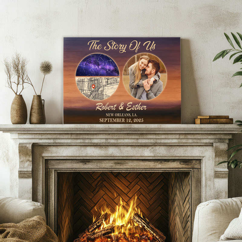 The Story Of Us canvas print with personalized names, date and place under star map, heartfelt keepsake for engaged couples