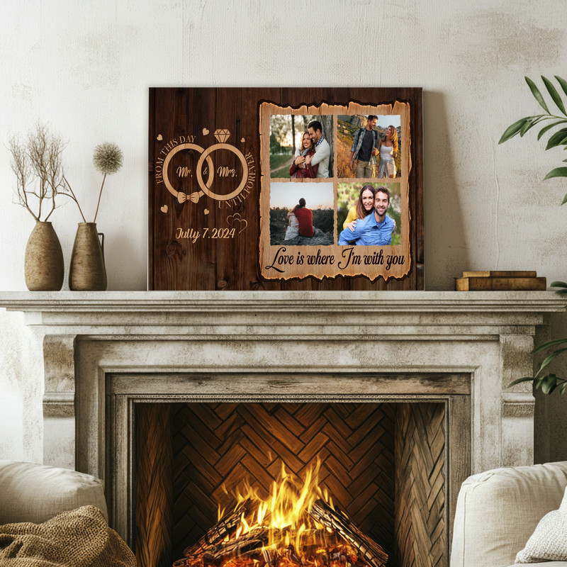 Personalized wedding proposal canvas wall art, rustic farmhouse sepia tone couple photo with custom names and engagement date