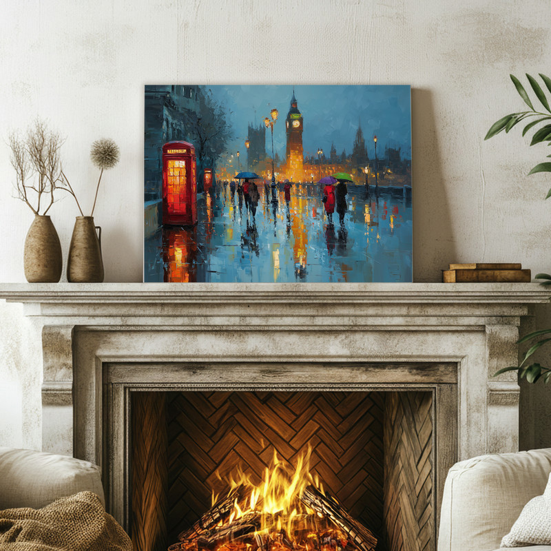Rainy London stroll canvas wall art, atmospheric oil painting of misty street with lampposts and umbrellas, landscape