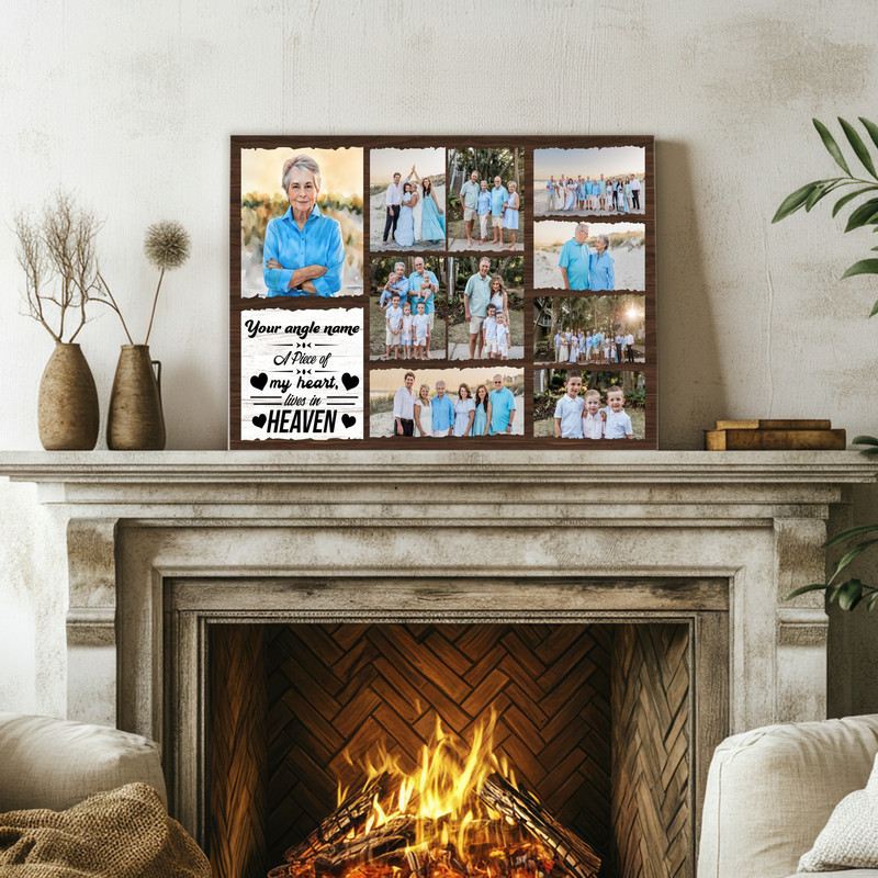 Remembrance canvas wall art photo collage, personalized with nine photos, black frame, grayscale backdrop, square format