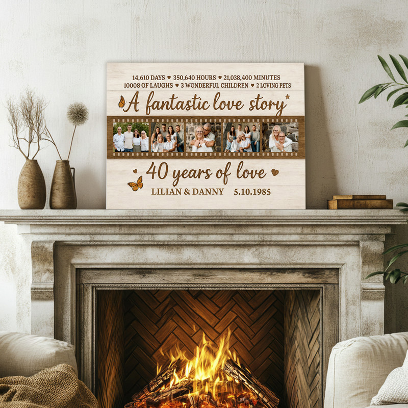 Ruby 40th anniversary photo collage canvas, square grid on white wood plank, rustic style, personalized names, date, photos Ruby 40th anniversary photo collage canvas, square grid on white wood plank, rustic style, personalized names, date, photos