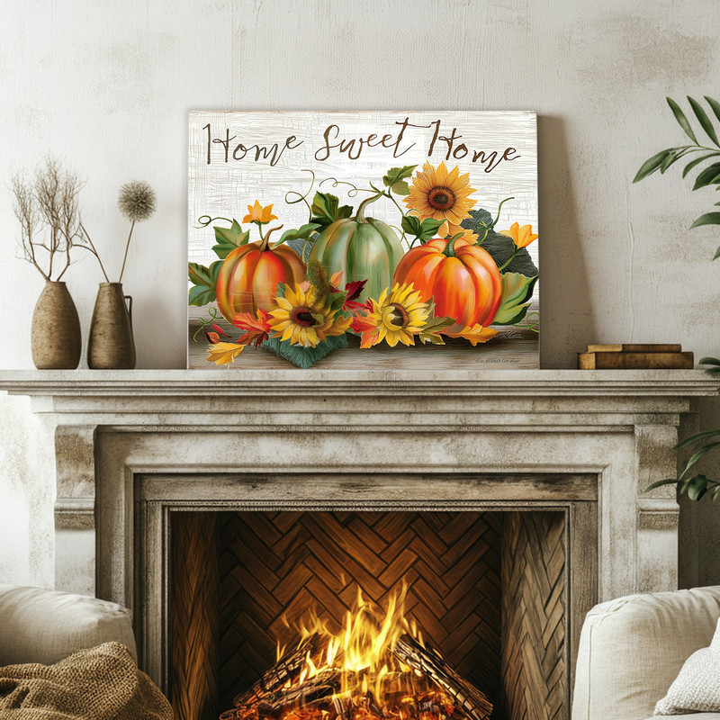 Rustic autumn pumpkins and sunflowers canvas wall art with 'Home Sweet Home' for farmhouse decor, fall housewarming gift