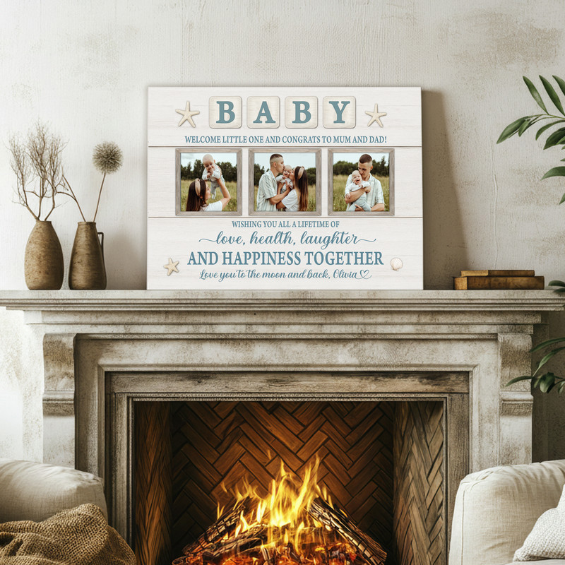 Rustic coastal farmhouse baby welcome canvas, personalized newborn milestone collage with name and stats, baby shower gift