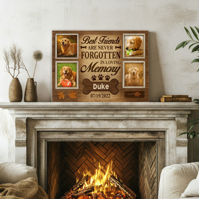Rustic autumn dog memorial photo collage canvas with burlap-style background, warm orange tones, 'Best Friends' message