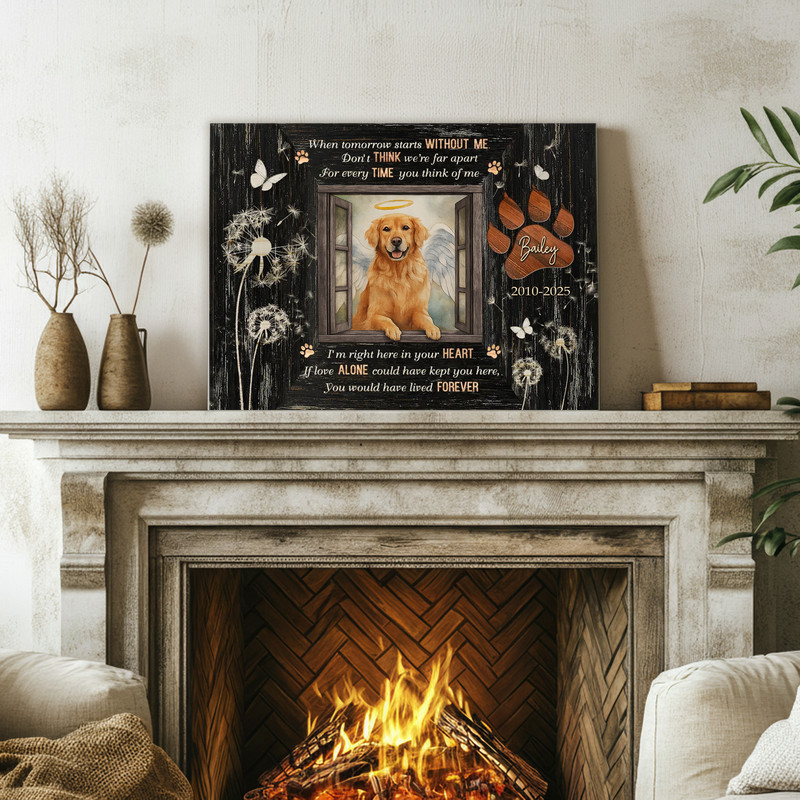 Rustic pet memorial canvas wall art, dog tribute with custom photo, name and dates, paw heart motif for lasting remembrance