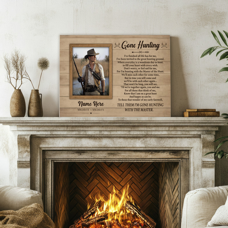 Rustic hunting memorial canvas wall art, personalized Gone Hunting design celebrating a hunter’s legacy and bringing comfort.
