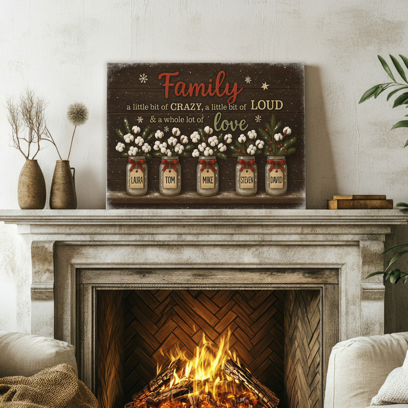 Rustic farmhouse canvas wall art with family quote and custom names in multi-name flower motif, Christmas wall accent