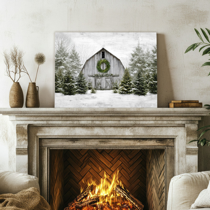 Winter farmhouse Christmas canvas wall art highlighting a rustic barn door with wreath amid snow, for entryway use