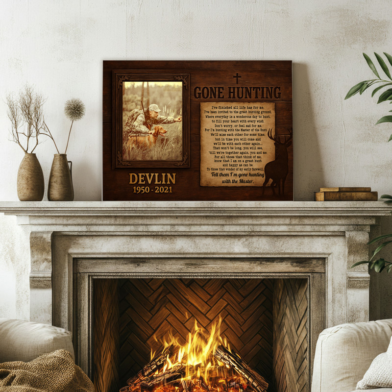 Memorial canvas wall art, rustic hunting-inspired design with personalized name and dates; condolence gift for outdoors lovers