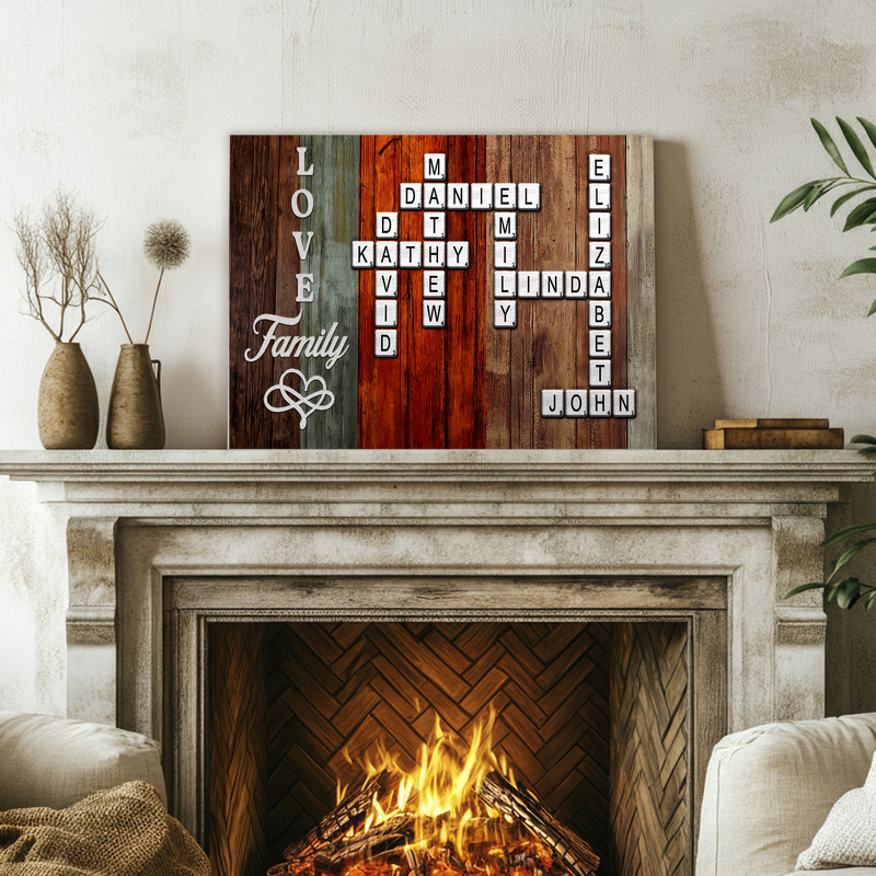 Scrabble family name canvas wall art in minimalist white, custom name tiles arranged as a crossword, modern square format