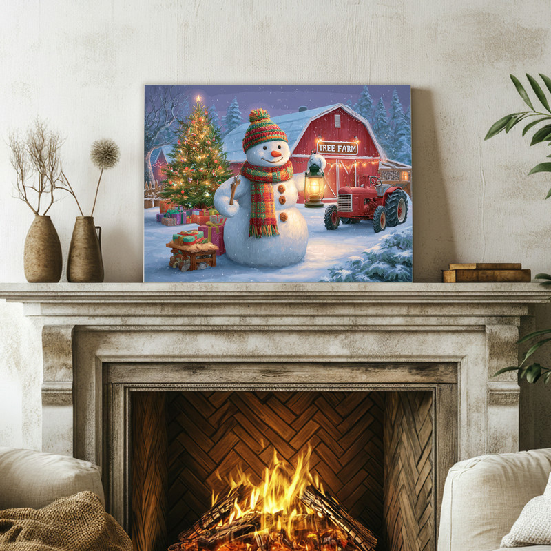 Cozy Christmas barn scene canvas wall art, warm-lit red barn, snowman by evergreens, landscape print for hallway decor