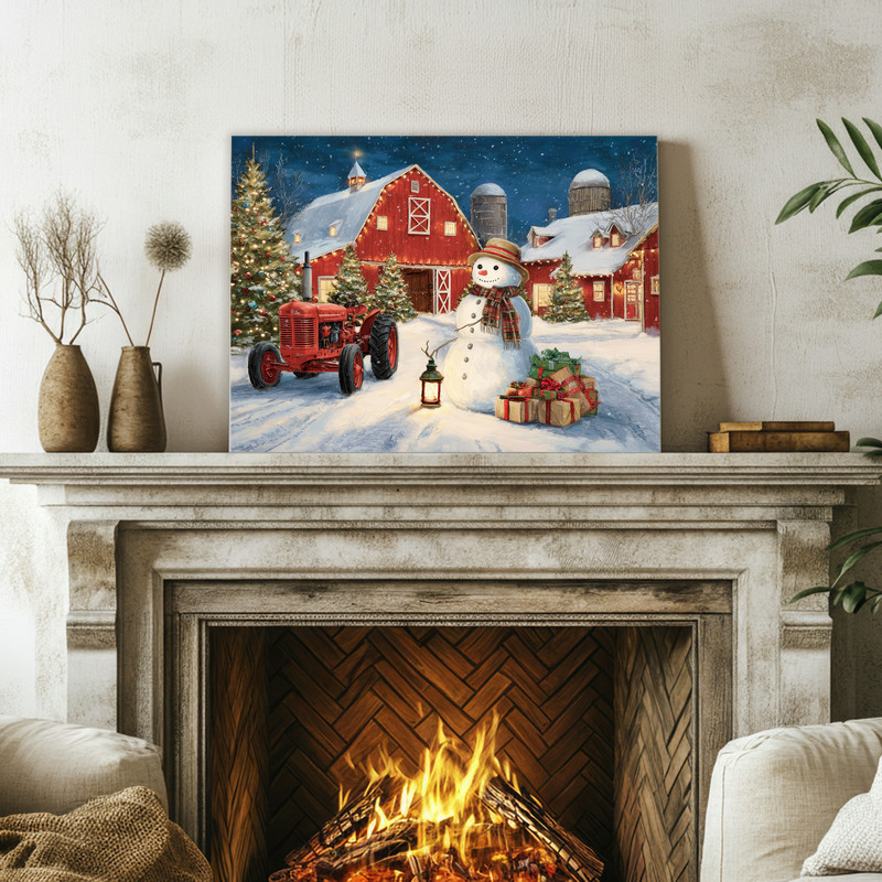 Snowy farmyard Christmas canvas wall art, festive holiday lights draped on barn and trees, lantern lighting fallen snow. Snowy farmyard Christmas canvas wall art, festive holiday lights draped on barn and trees, lantern lighting fallen snow.