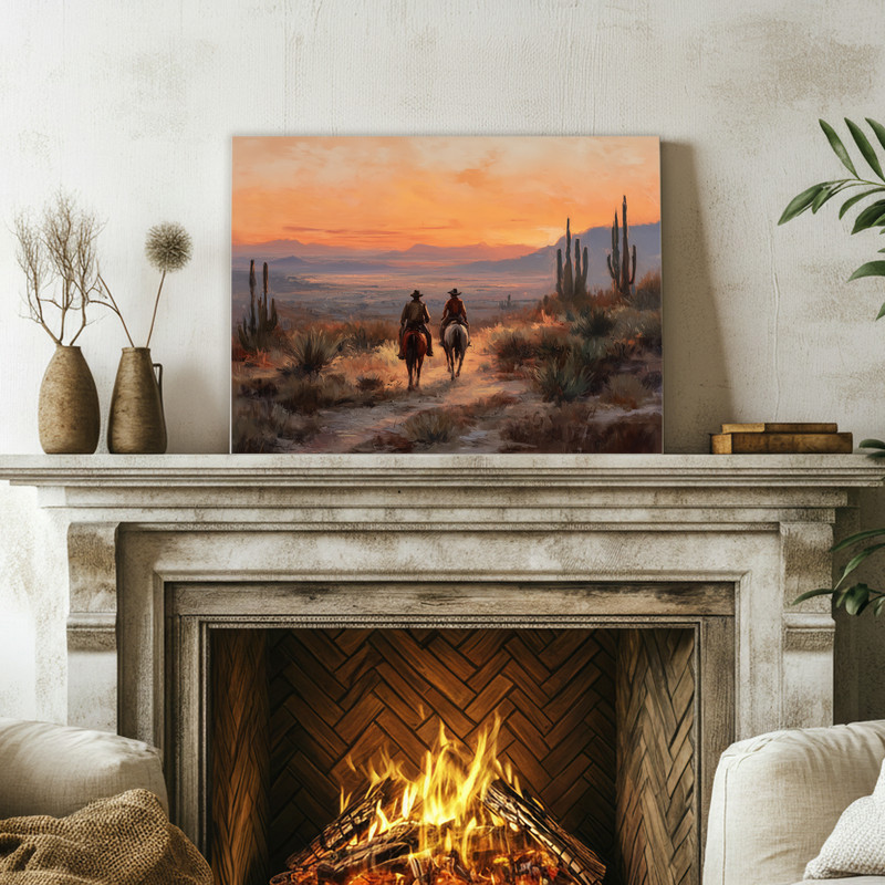 Southwestern cowboys canvas wall art, abstract oil painting with cowboy silhouettes in turquoise and rust, vertical decor