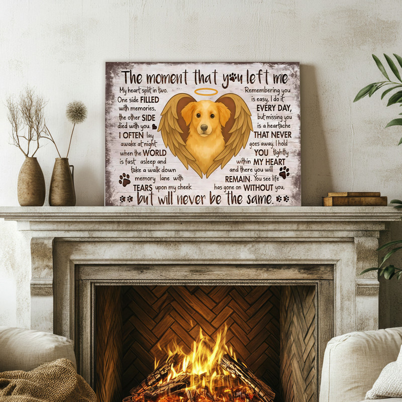 Dog memorial canvas wall art, 'The Moment You Left Me' quote in script with paw-heart motif, rustic farmhouse in warm taupe