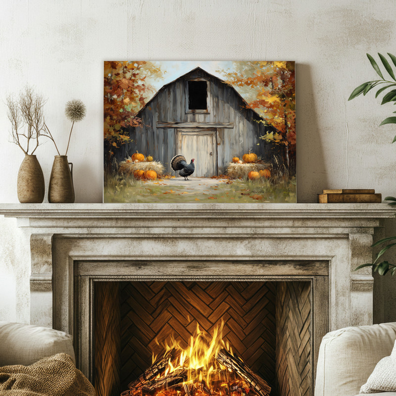 Rustic Thanksgiving barn canvas art, close-up turkey by barn door and timber beams, rich autumn tones for foyer wall display