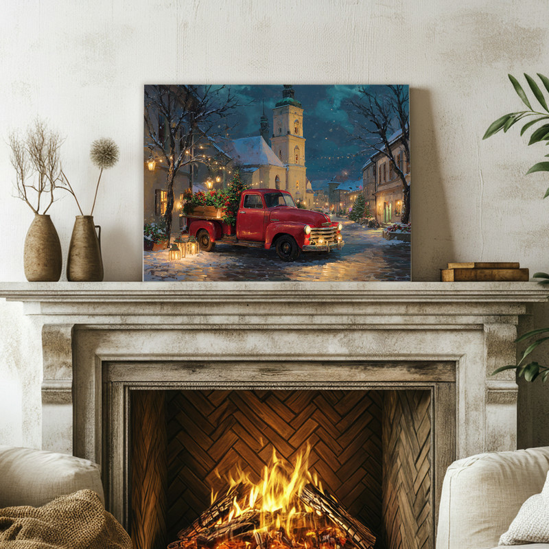 Vintage red truck Christmas city canvas wall art, market tree and stalls; thoughtful holiday gift for vintage truck lovers