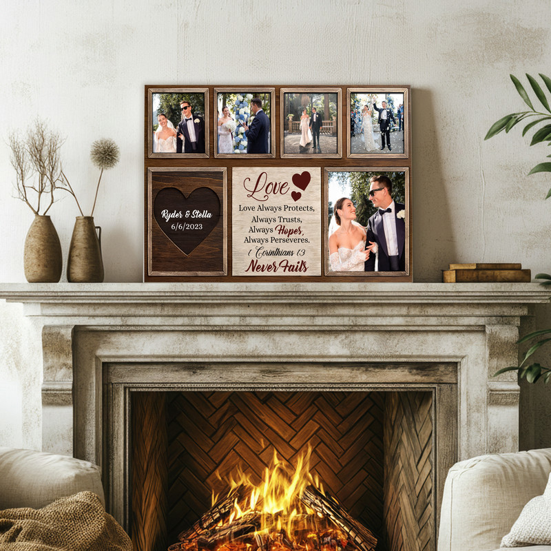 Wedding photo collage with Bible verse canvas wall art, personalized names and date, romantic anniversary gift, bedroom decor