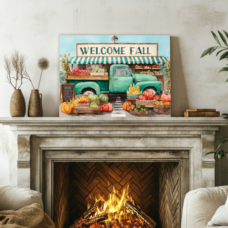 Welcome Fall green truck canvas wall art, distressed wood style with falling leaves and market sign, perfect foyer accent