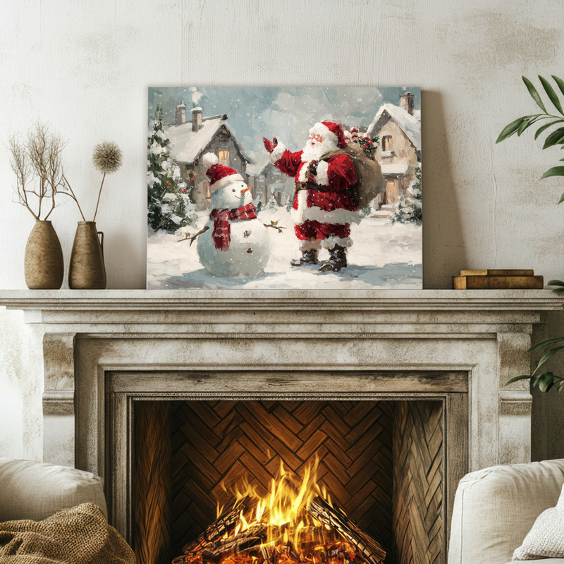 Whimsical Santa Claus with snowman canvas wall art, folk-art style hallway decor with bold red and white for winter cheer