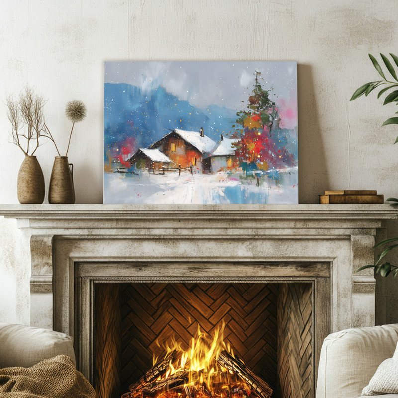 Winter cottage canvas wall art, soft watercolor style for hallway decor, peaceful snowy path leading to a warm-lit cabin.