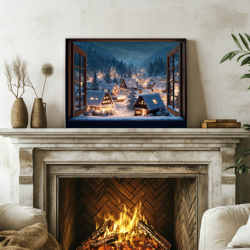 Cozy Christmas village canvas wall art, panoramic snowy street scene with lampposts and cottages for a festive hallway accent