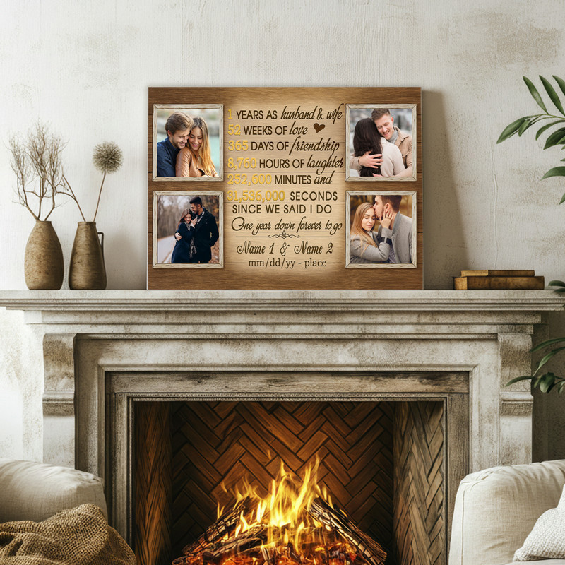 1 year anniversary photo collage canvas wall art showcasing a love timeline with personalized names and date, home decor