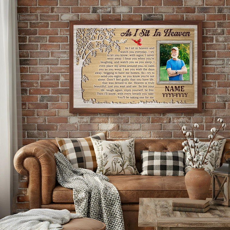 As I Sit In Heaven poem canvas wall art featuring custom photo, name and dates, landscape with angel wings, sympathy gift