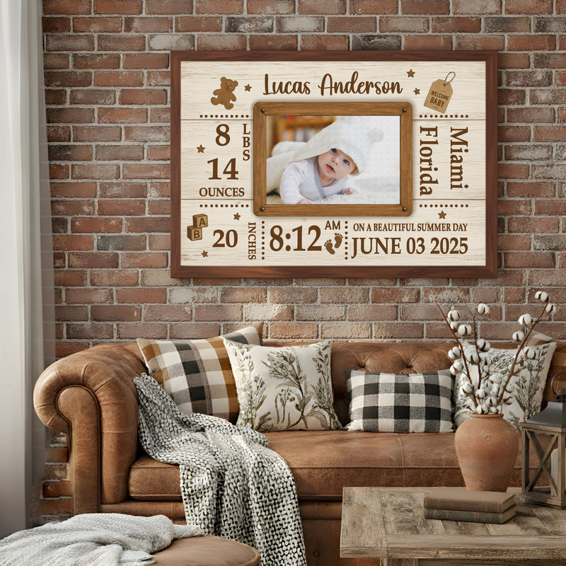 Newborn milestone canvas wall art, custom photo print with baby name, date, weight, length in rustic farmhouse nursery style