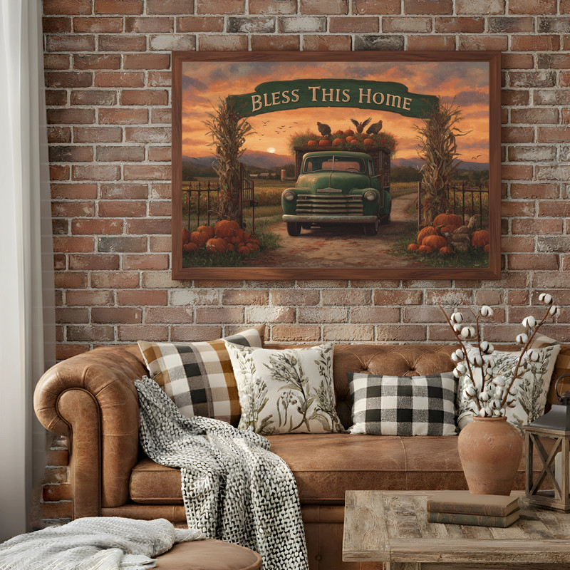 Bless This Home green truck farmhouse gate canvas wall art, vintage pickup motif ideal for rustic entryway wall decor