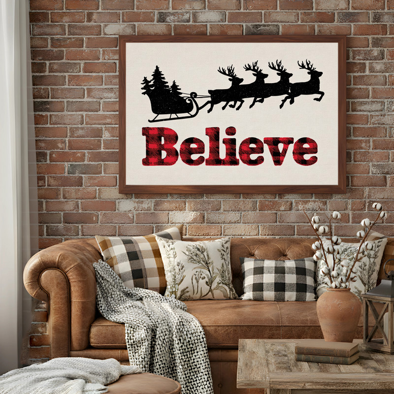 Buffalo plaid Santa sleigh Christmas canvas wall art with buffalo check pattern and Believe typography for hallway decor Buffalo plaid Santa sleigh Christmas canvas wall art with buffalo check pattern and Believe typography for hallway decor