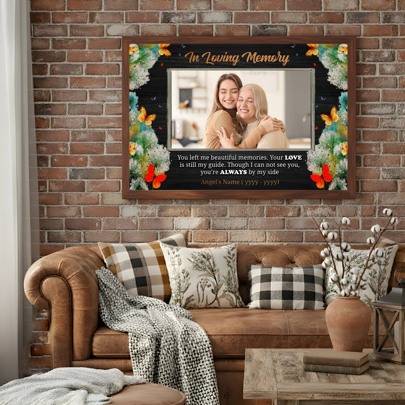 Butterfly memorial canvas wall art photo frame, custom name and dates, thoughtful sympathy gift honoring a loved one