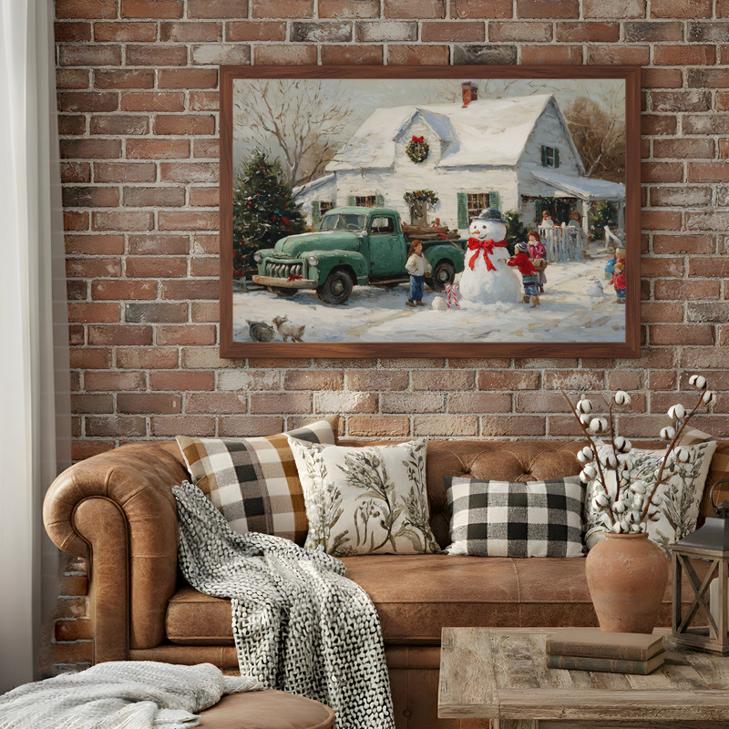 Snowy village scene with green truck Christmas canvas wall art, vertical with lamppost, wreaths and cozy lit cottages