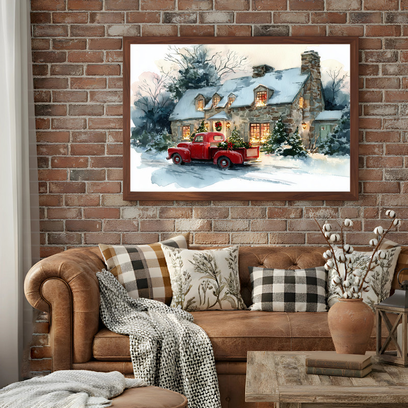 Christmas barn with red truck canvas wall art adds cozy holiday charm to the entryway, vintage farmhouse winter landscape.