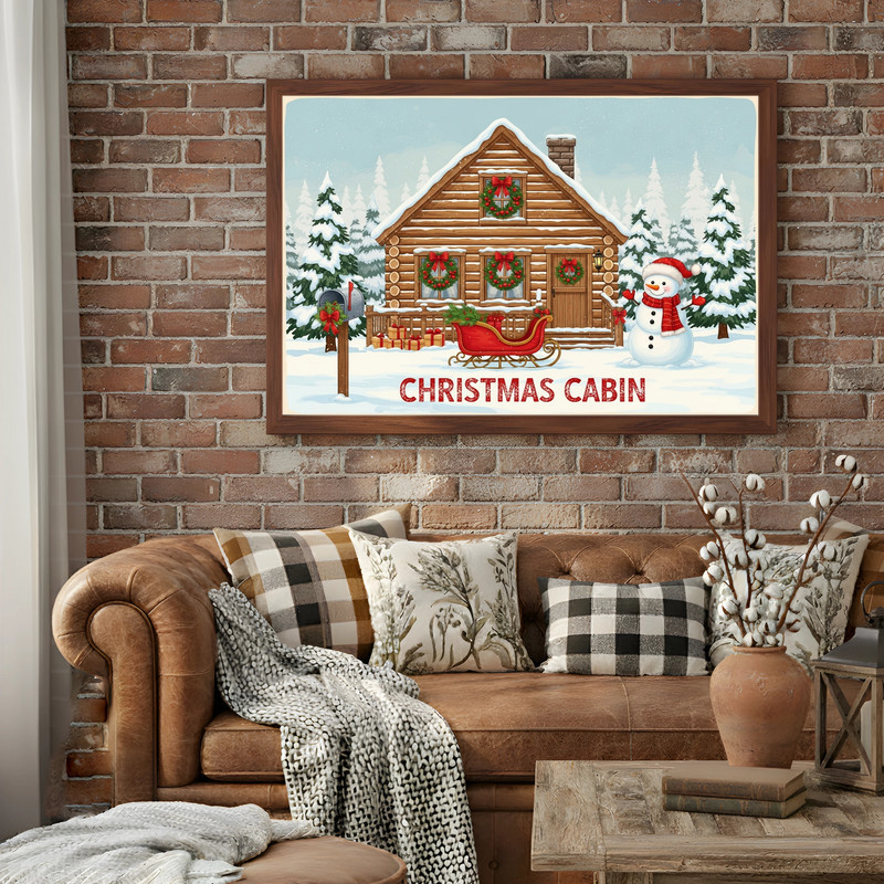 Rustic winter retreat canvas wall art with a cozy cabin in snowfall, farmhouse style accent for hallway walls decor