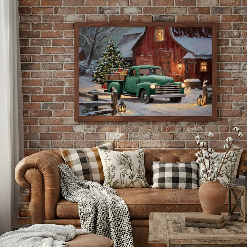 Christmas farmhouse green truck canvas art adds rustic charm to the entryway, holiday pickup with evergreen and subtle snow