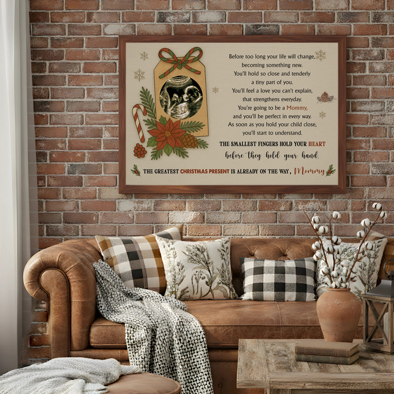 Christmas pregnancy announcement canvas wall art featuring custom ultrasound photo, mom name and due date, wood snowflakes