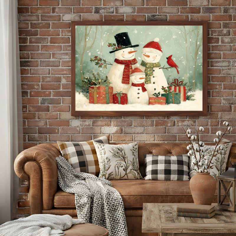 Christmas snowman family in forest canvas wall art, vertical orientation, cool blue winter tones for hallway display